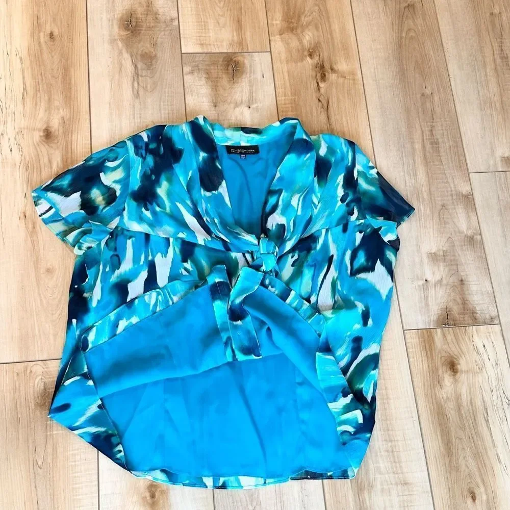 Jones New York Woman's Chiffon Blouse Lined Watercolors Blue/Green 16W